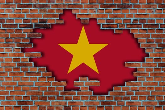 3D Flag of Vietnam behind the broken old stone wall background.