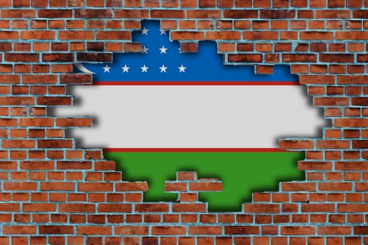 3D Flag of Uzbekistan behind the broken old stone wall background.