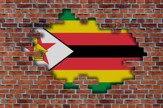3D Flag of Zimbabwe behind the broken old stone wall background.