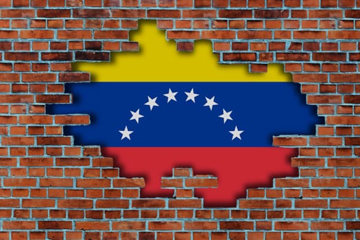 3D Flag of Venezuela behind the broken old stone wall background.