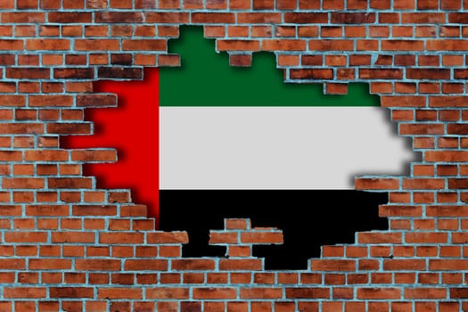 3D Flag of United Arab Emirates behind the broken old stone wall background.