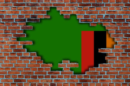 3D Flag of Zambia behind the broken old stone wall background.