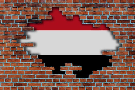 3D Flag of Yemen behind the broken old stone wall background.