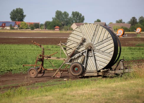 At the edge of a vegetable field stands part of a sprinkler system.
