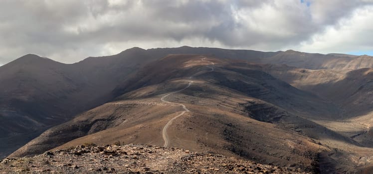 View over a landscape formed by volcanoes on Fuerteventura.
