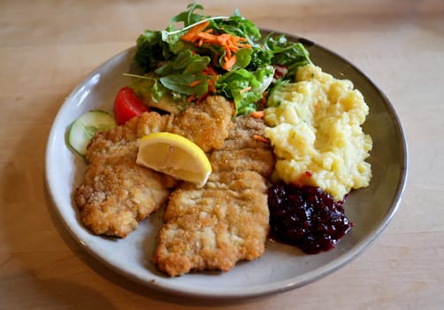 A plate with two Wiener Schnitzel, salad and mashed potatoes.