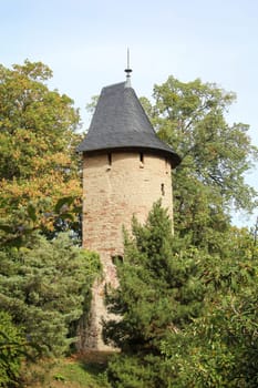 A detailed view of a tower belonging to a city wall.