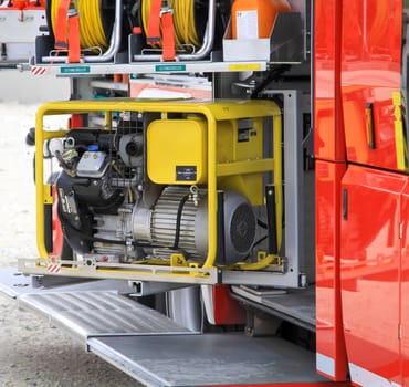 A detailed view of a fire truck. Facilities of a fire truck.