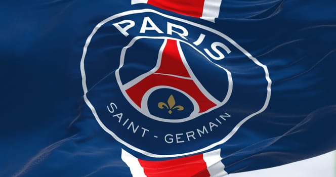 Paris, FRA, sept 2022: Close-up view of the Paris Saint Germain football club flag waving. Paris Saint Germain is a professional football club based in Paris, France