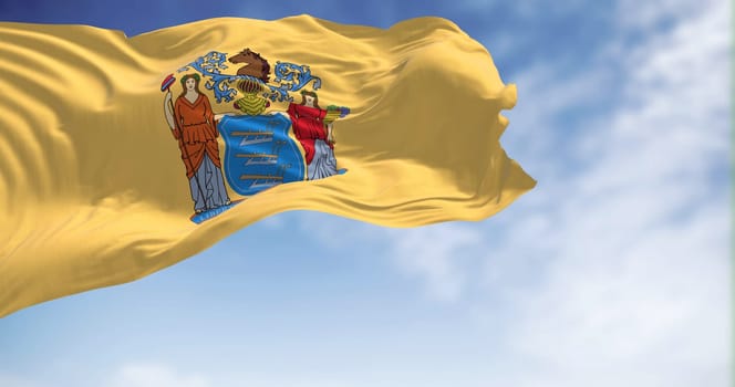 Flag of New Jersey state waving in the wind. New Jersey is a federated state of the United States of America. Us state flag. 3D render