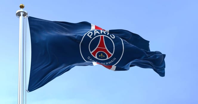 Paris, FRA, sept 2022: The flag of Paris Saint Germain football club waving in the wind. Paris Saint Germain is a professional football club based in Paris, France