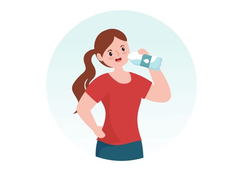 People Drinking Water From Plastic Bottles and Glasses with Pure Clean Fresh Concept in Flat Cartoon Hand Drawn Templates Illustration