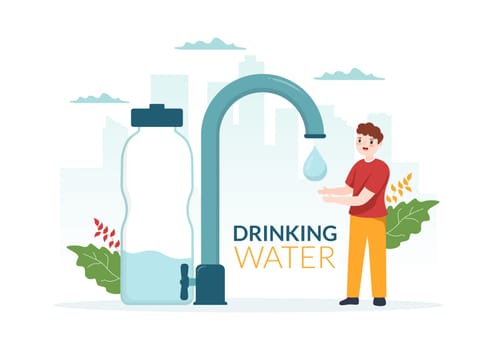 People Drinking Water From Plastic Bottles and Glasses with Pure Clean Fresh Concept in Flat Cartoon Hand Drawn Templates Illustration