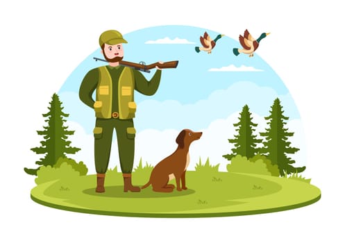 Hunter with Hunting Rifle or Weapon Shooting to Birds or Animals in the forest on Flat Cartoon Hand Drawing Template Illustration