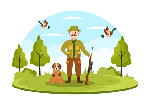 Hunter with Hunting Rifle or Weapon Shooting to Birds or Animals in the forest on Flat Cartoon Hand Drawing Template Illustration