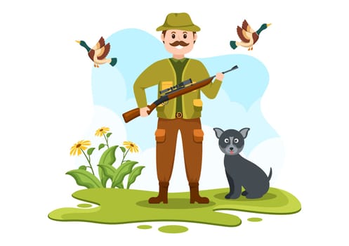Hunter with Hunting Rifle or Weapon Shooting to Birds or Animals in the forest on Flat Cartoon Hand Drawing Template Illustration
