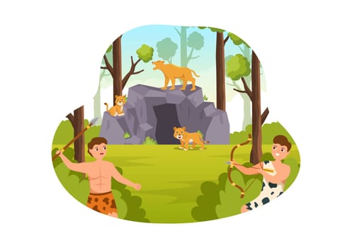 Prehistoric Stone Age Tribes Hunting Large Animals with Weapon in Flat Cartoon Hand Drawing Template Illustration