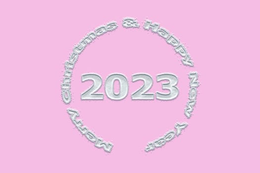 3D illustration New Year concept 2023 design with text snow design on a pirouette color background.