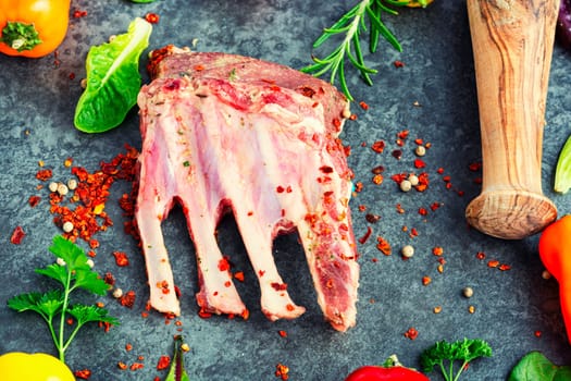 Appetizing raw lamb rib and spices on the kitchen table.