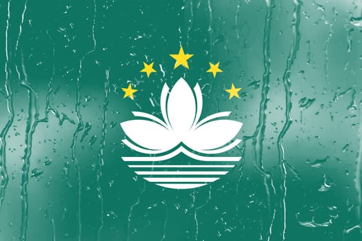 3D Flag of Macau on a glass with water drop background.
