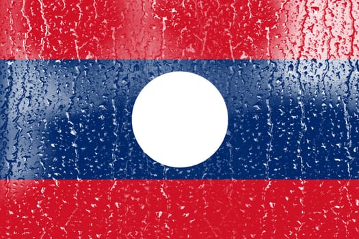 3D Flag of Laos on a glass with water drop background.