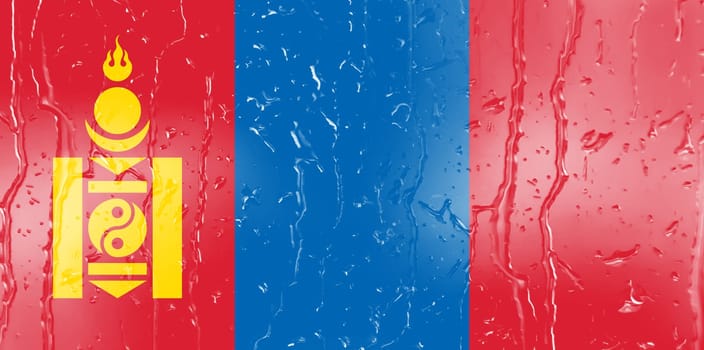 3D Flag of Mongolia on a glass with water drop background.