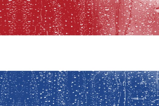 3D Flag of Netherland on a glass with water drop background.