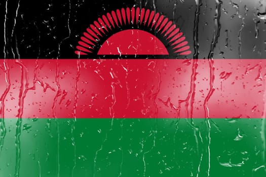 3D Flag of Malawi on a glass with water drop background.