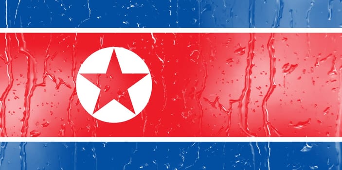 3D Flag of North Korea on a glass with water drop background.