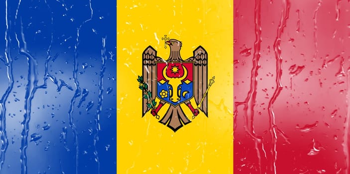 3D Flag of Moldova on a glass with water drop background.