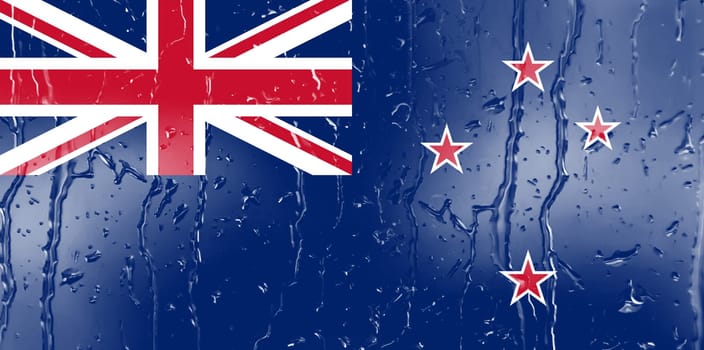 3D Flag of New Zealand on a glass with water drop background.