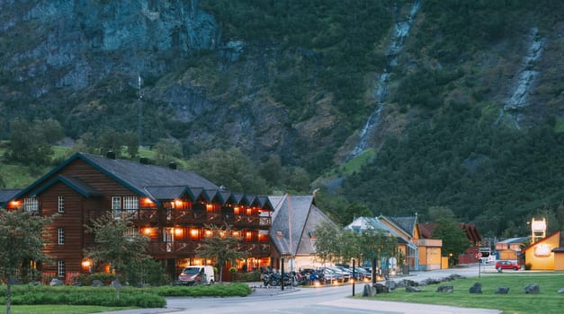 Flam, Norway. Wooden Hotel In Norwegian Countryside In Summer Night.