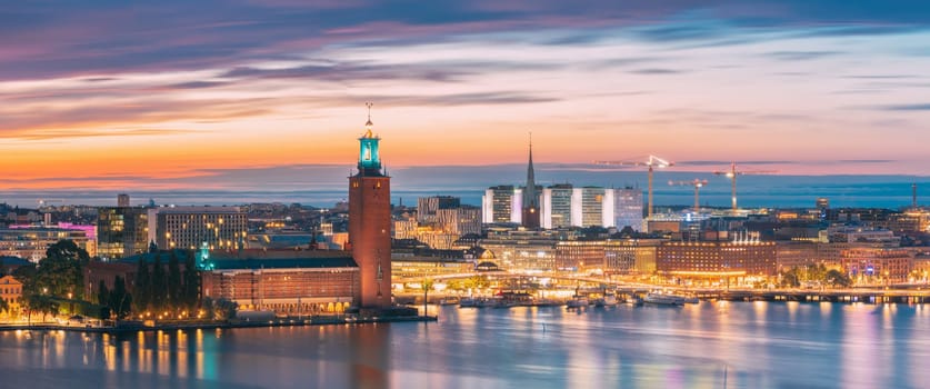 Stockholm, Sweden. Night Skyline With Famous Landmarks. Panorama, Panoramic View Of Stockholm Cityscape. Famous Landmarks, UNESCO World Heritage Site.
