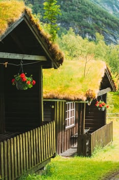 Traditional Norwegian Old Wooden Houses With Growing Grass On Roof. Cabins In Norway.