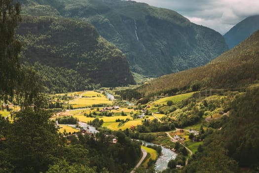 Fortun, Sogn Og Fjordane County, Norway. Beautiful Valley In Norwegian Rural Landscape. Jostedola River In Summer Day.