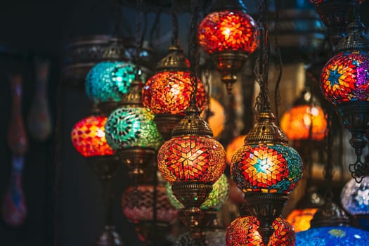 Turkey. Market With Many Traditional Colorful Handmade Turkish Lamps And Lanterns. Lanterns Hanging In Shop For Sale. Popular Souvenirs From Turkey.
