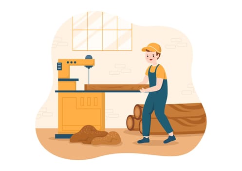 People Tree Cutting and Timber with Truck, Chainsaw Wooden and Tools Logging in the Forest on Flat Cartoon Hand Drawn Templates Illustration