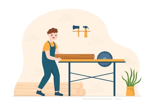 People Tree Cutting and Timber with Truck, Chainsaw Wooden and Tools Logging in the Forest on Flat Cartoon Hand Drawn Templates Illustration