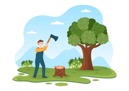 People Tree Cutting and Timber with Truck, Chainsaw Wooden and Tools Logging in the Forest on Flat Cartoon Hand Drawn Templates Illustration