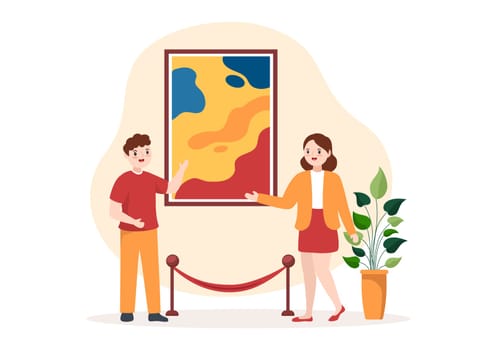 Art Gallery on Museum of Exhibition Visitors Viewing Modern Abstract Paintings at Contemporary and Photo in Flat Cartoon Hand Template Illustration