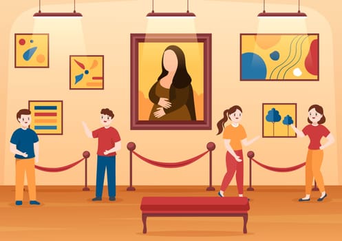 Art Gallery on Museum of Exhibition Visitors Viewing Modern Abstract Paintings at Contemporary and Photo in Flat Cartoon Hand Template Illustration