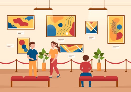 Art Gallery on Museum of Exhibition Visitors Viewing Modern Abstract Paintings at Contemporary and Photo in Flat Cartoon Hand Template Illustration