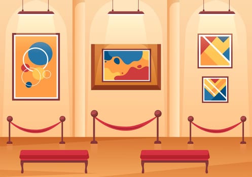 Art Gallery on Museum of Exhibition Visitors Viewing Modern Abstract Paintings at Contemporary and Photo in Flat Cartoon Hand Template Illustration