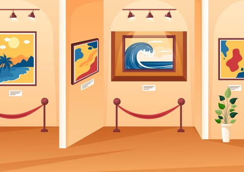 Art Gallery on Museum of Exhibition Visitors Viewing Modern Abstract Paintings at Contemporary and Photo in Flat Cartoon Hand Template Illustration