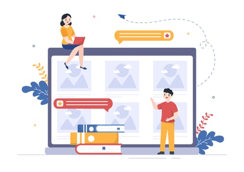 Photo Gallery on Mobile App and File on Computer Containing Images, Documents or Videos in Flat Style Cartoon Hand Template Illustration