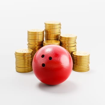 Bowling Ball ahead of Stacks of Golden Coins on Light Gray Background 3D Render Illustration