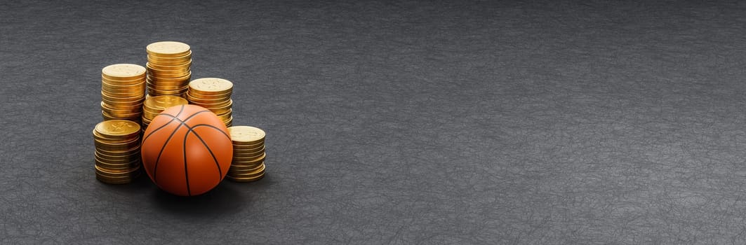 Basketball Ball ahead of Stacks of Golden Coins on Dark Background with Copy Space 3D Render Illustration, Sports Business Concept