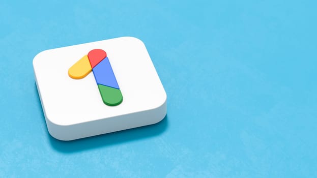 Google One Logo 3D Symbol Shape on Plastered Blue Background with Copy Space 3D Illustration