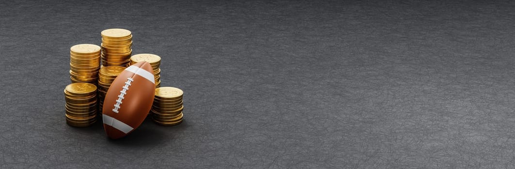 American Football Ball ahead of Stacks of Golden Coins on Dark Background with Copy Space 3D Render Illustration, Sports Business Concept