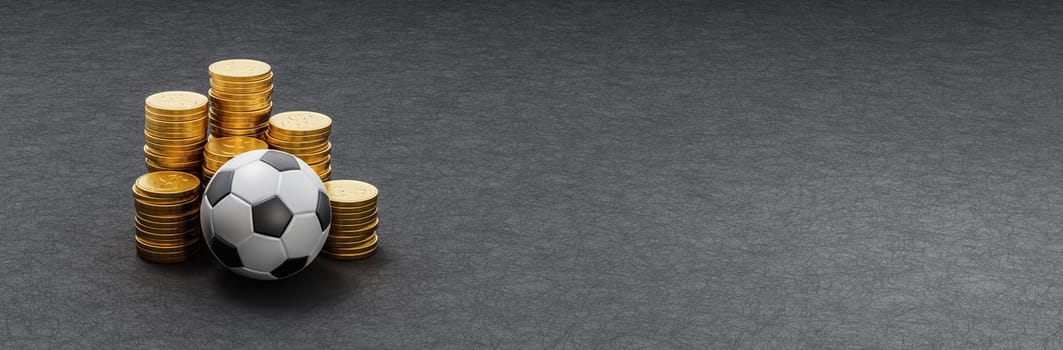Classic Black and White Soccer Ball ahead of Stacks of Golden Coins on Dark Background with Copy Space 3D Render Illustration, Sports Business Concept